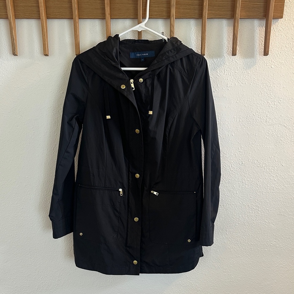 Cole Haan Packable Black Hooded Trench Coat with Gold Accents
